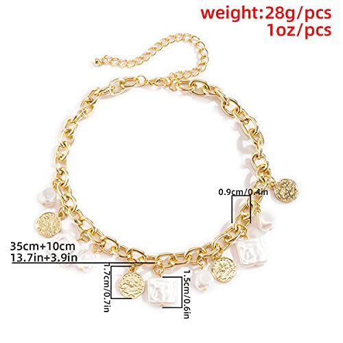 Punk Cuban Link Chain Choker Necklace with Irregular Pearl Coin Tassel Carved