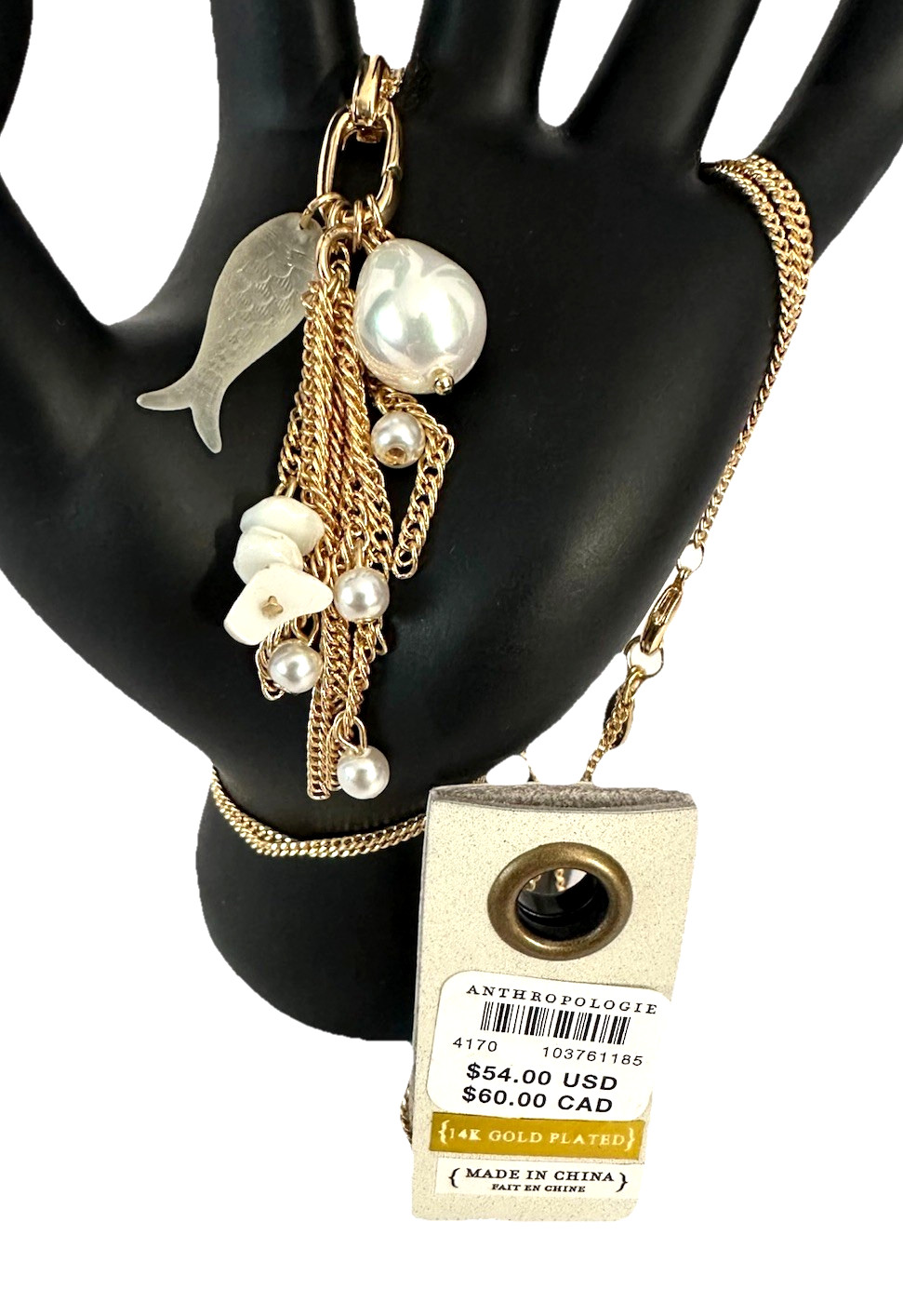 ANTHROPOLOGIE Serefina NWT 14K Gold Plated Necklace Beach Ocean Pearl Fish Charm