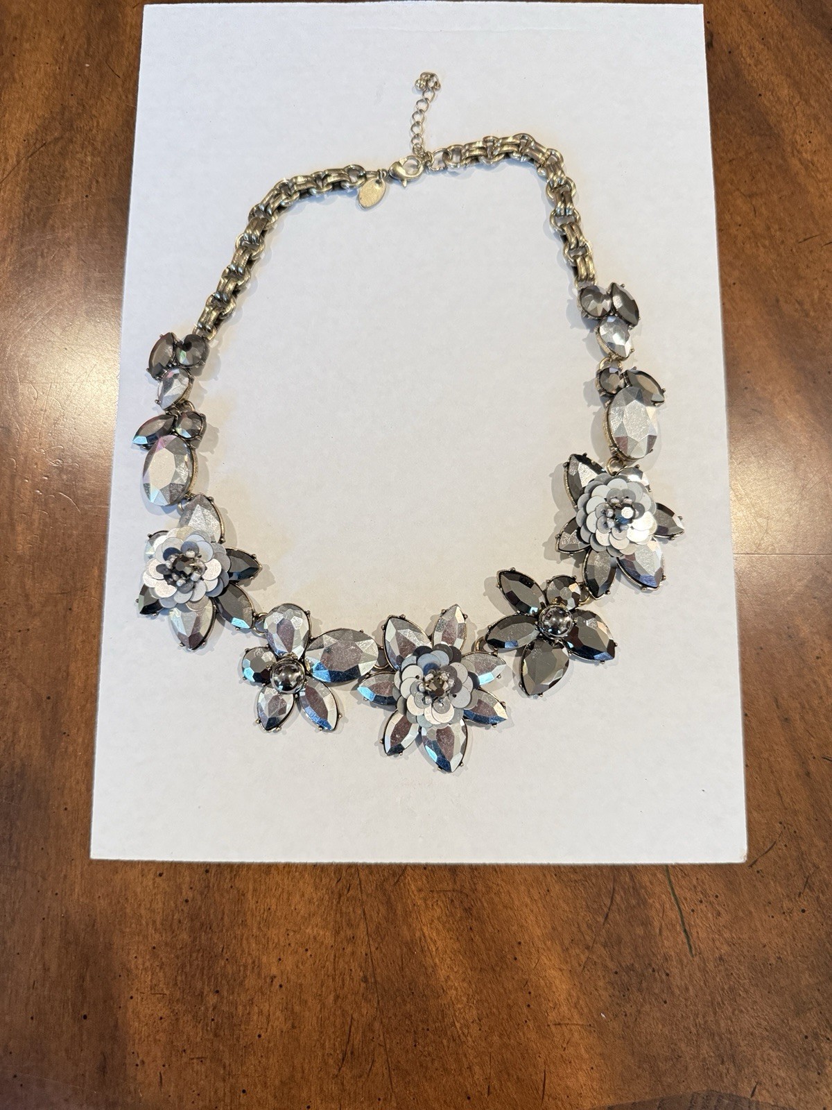 Silver Tone Flower Crystal Statement Necklace Cable Chain Lobster Clasp