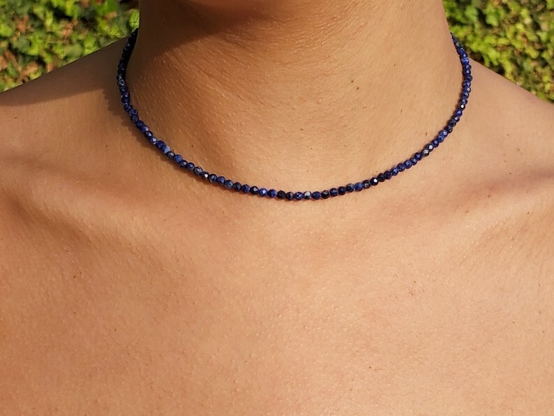 Lapis Lazuli 2mm Tiny Beaded Choker Healing Dainty Women Crystal Necklace Gifts