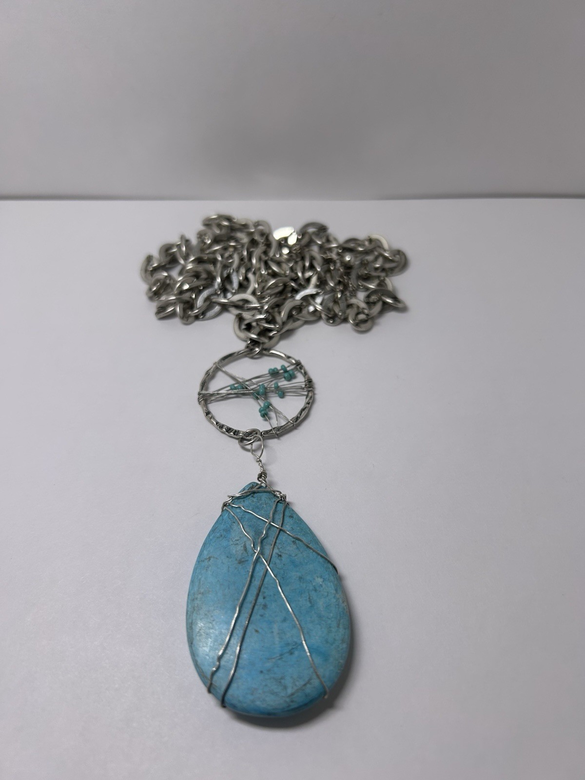 Naturalist Silver Tone Chain Necklace Zen Blue Teardrop Stone Pendant Beatnik