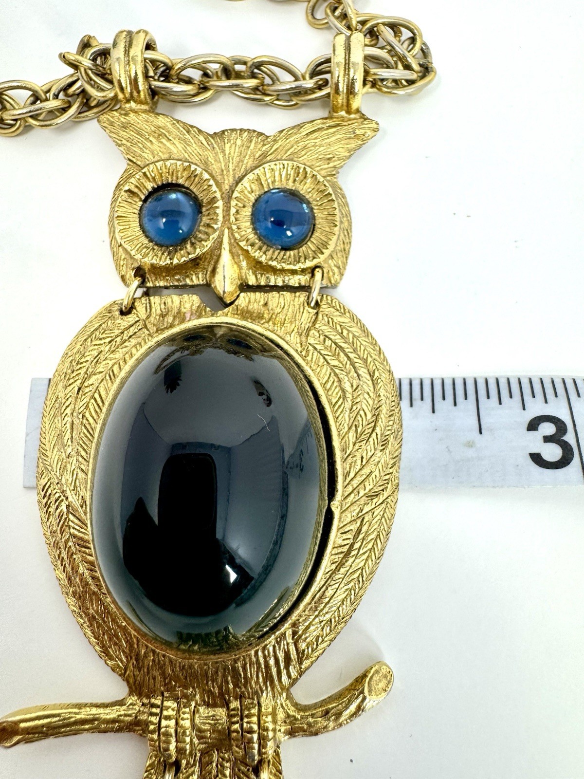 Stunning Vintage 1970s Oversized Owl Green Cabochon Statement Pendant Necklace