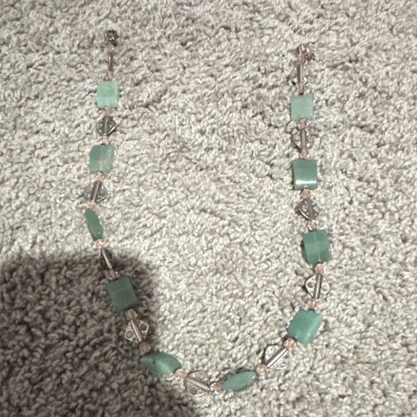 Green Rectangular Stone Beaded Silver-Tone Link Necklace, Crystal Accents