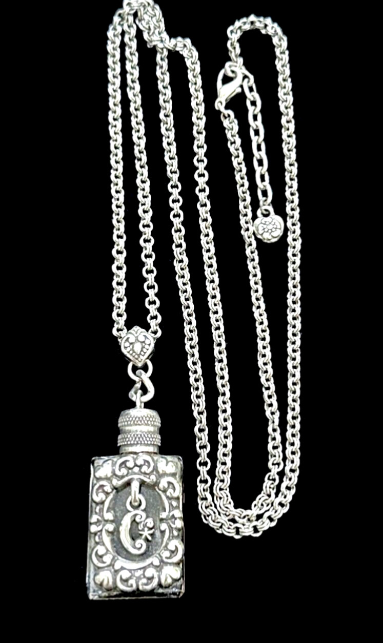 BRIGHTON GLASS PERFUME BOTTLE+SILVER MOON+SCROLLWORK LONG NECKLACE VG✨VTG✨HTF