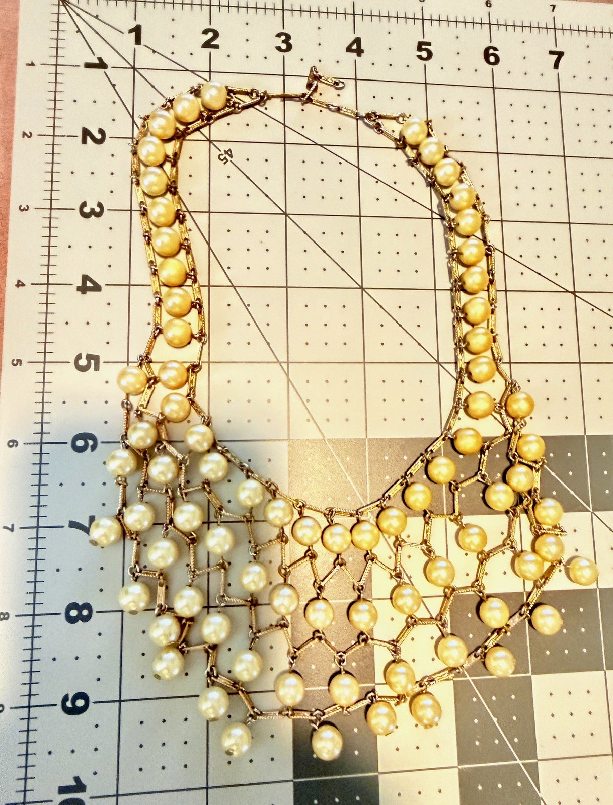 Gold Tone 1950s Vintage Faux Pearl Bib Necklace Statement Lattice Fringe Estate
