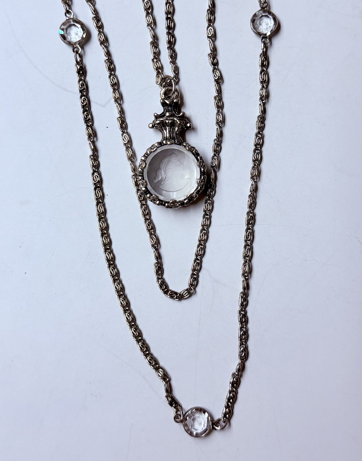 Vintage Silver Tone Metal Chain With Glass Pendant Necklace/ By Goldette