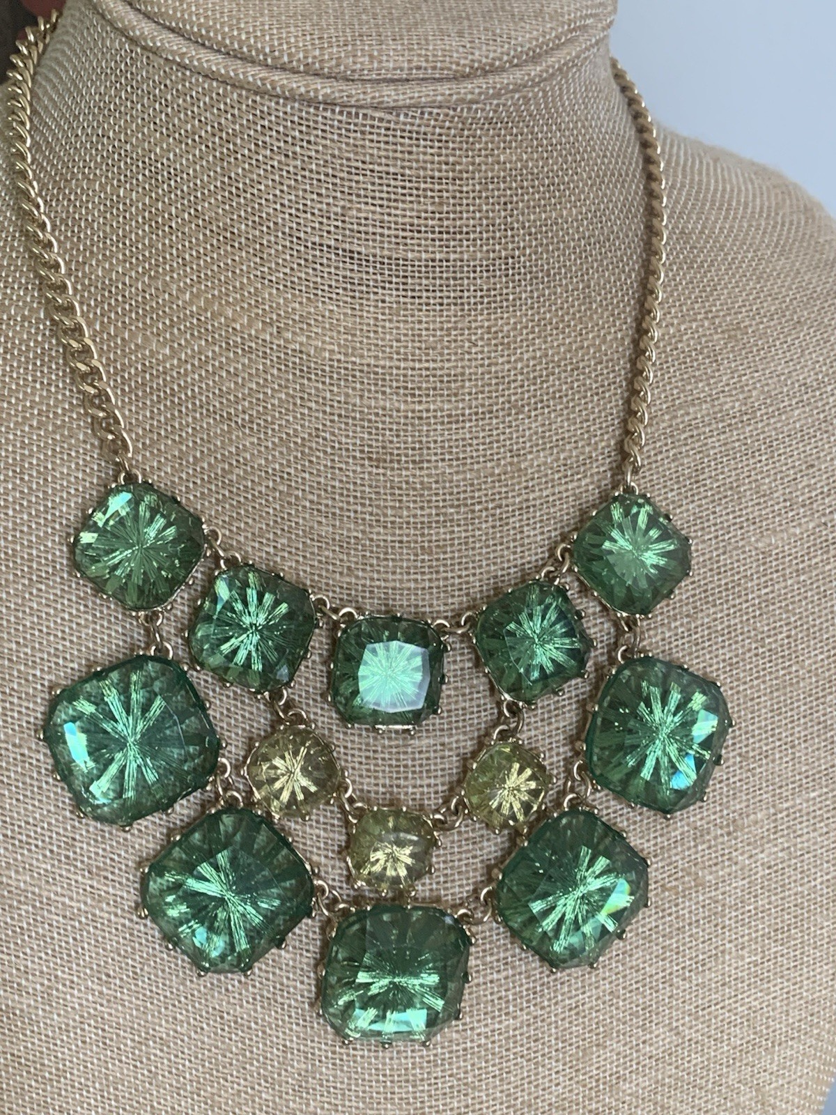 Green Gold Tone Layered Cabochons Statement Bib Necklace Translucent