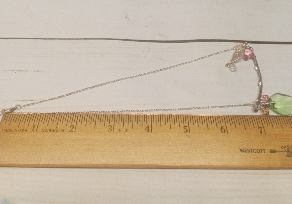 18″ Silver Tone Stamped 925 Green Pink Crystal Glass Flower Leaf Branch Necklace