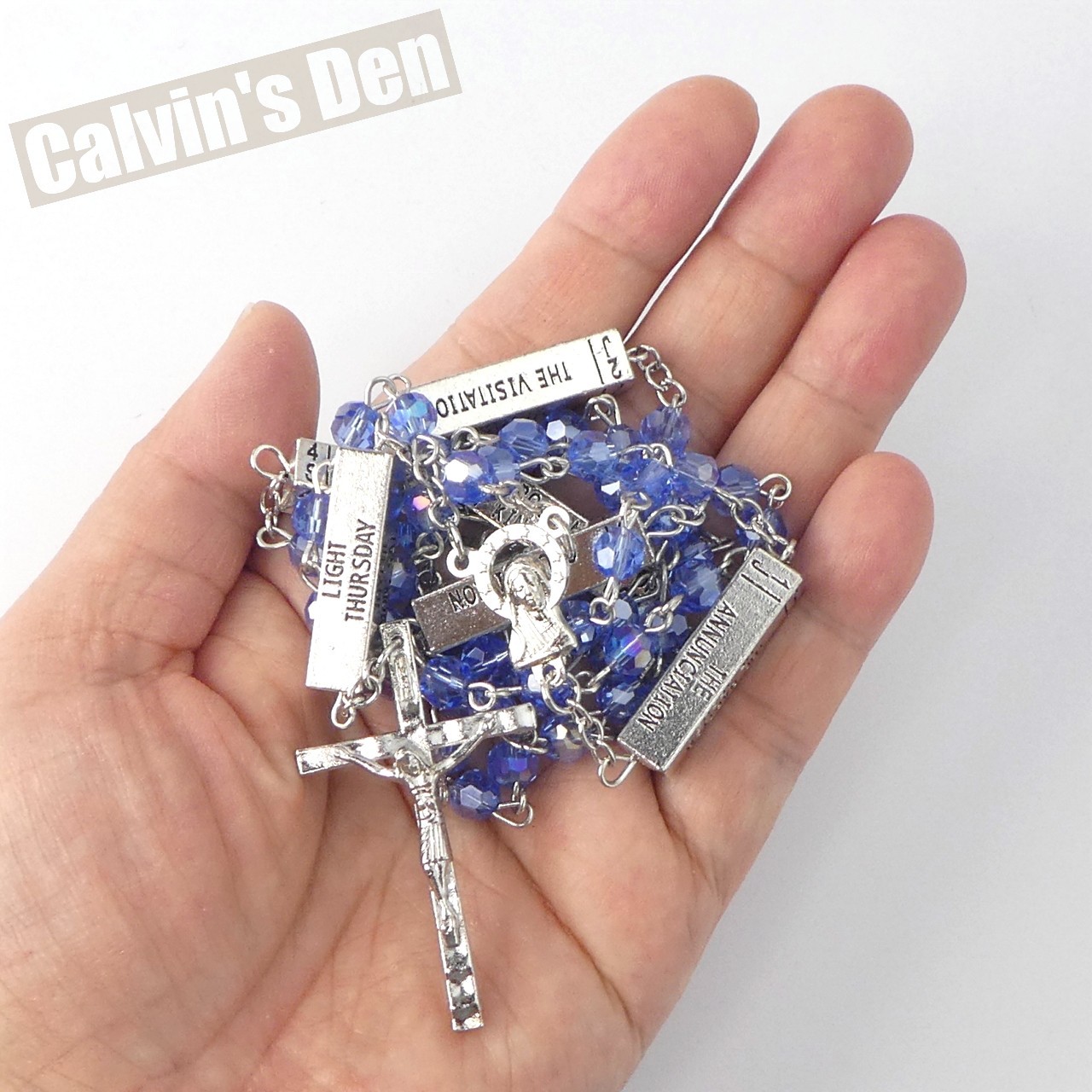 Mysteries of the Rosary Devotional Metal Bead Blue Crystal Necklace Crucifix