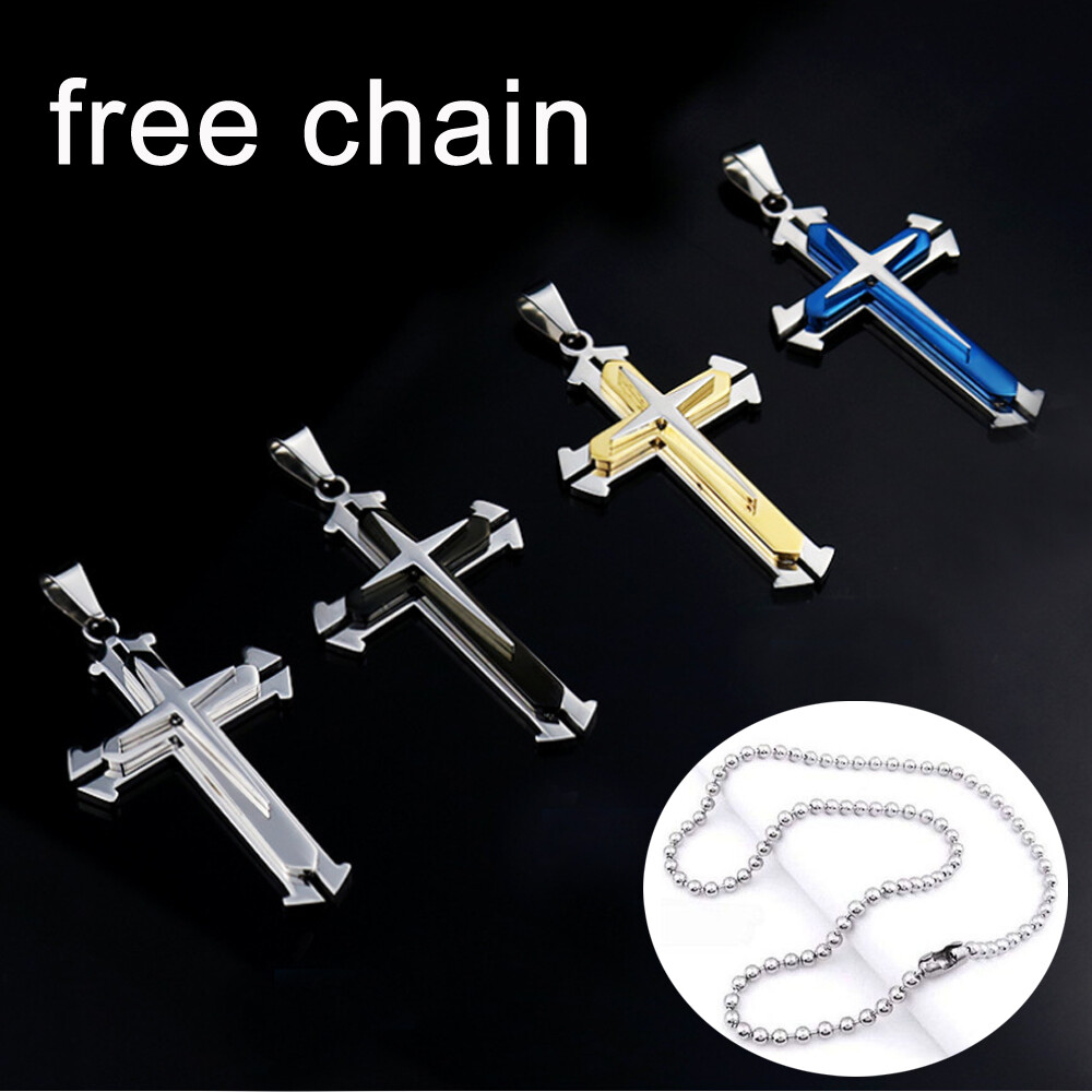 Boys Mens Fasion Stainless Steel Vintage Cross Pendant Necklace Pendant Chain