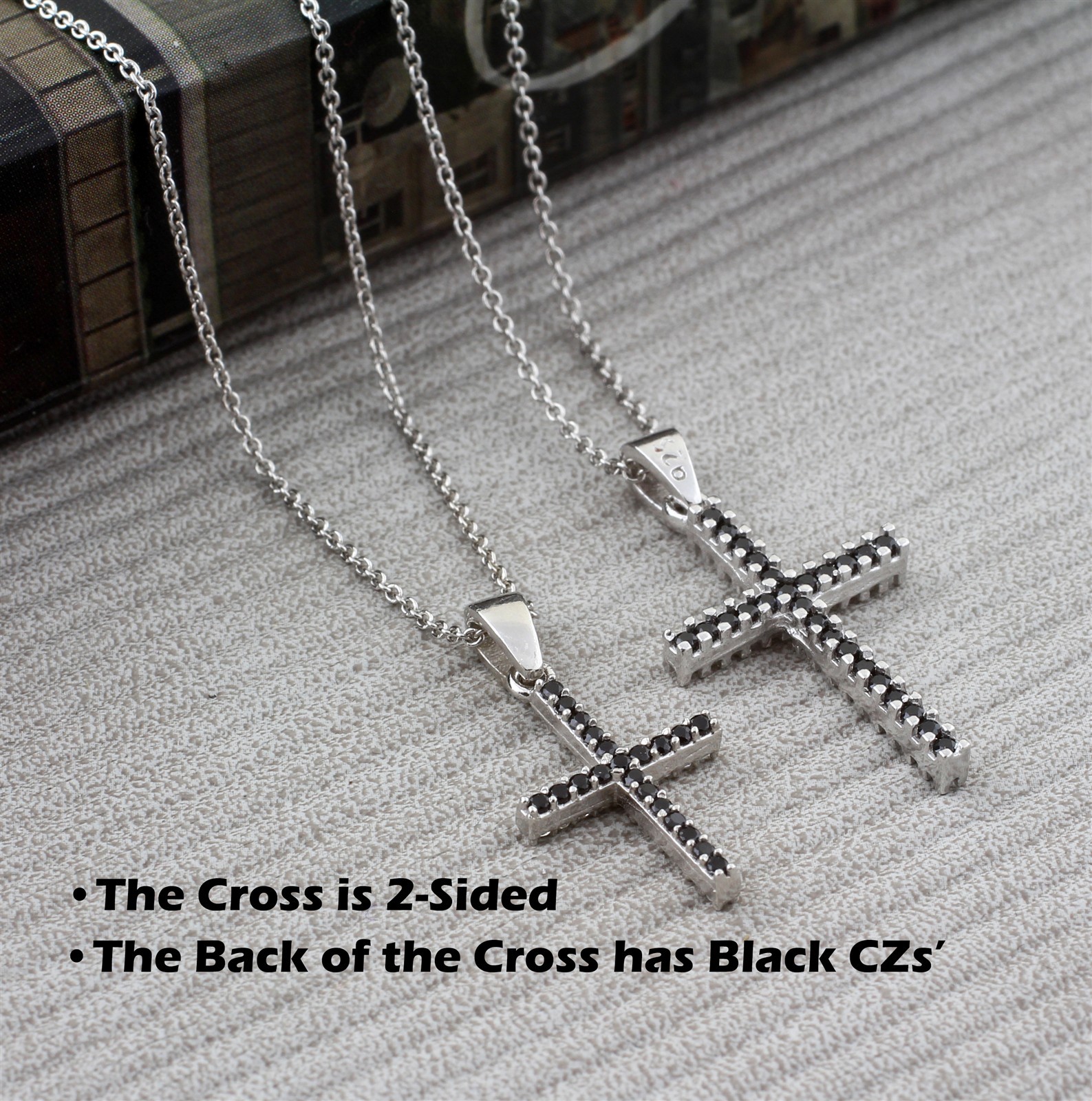 Real 925 Sterling Silver 2 Sided (Black & Clear) CZ Cross Charm Pendant 2 Sizes