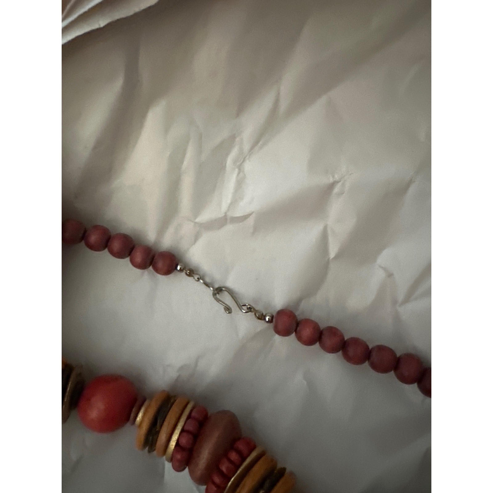 Vintage Chunky Wood Bead Statement Necklace Earthy Red Brown Boho Eclectic Clasp