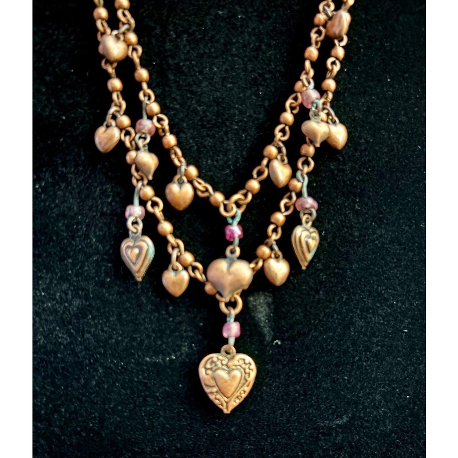 VNT Copper Tone Heart Charm Necklace Layered Boho Romantic Statement Pink Beads
