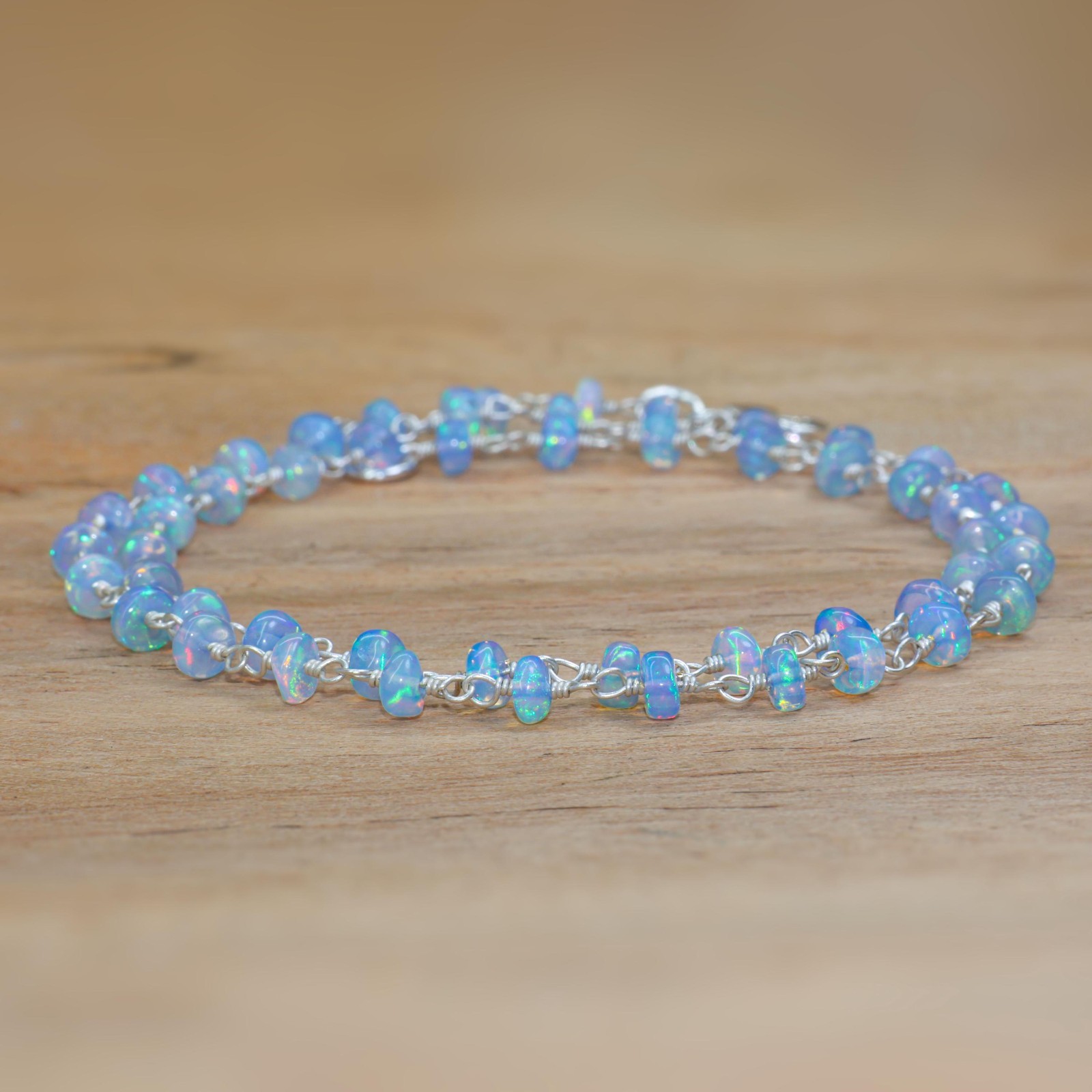 Multifire Blue Opal Wire Wrap Necklace, Fire Opal Beaded Necklace, Smooth Opal