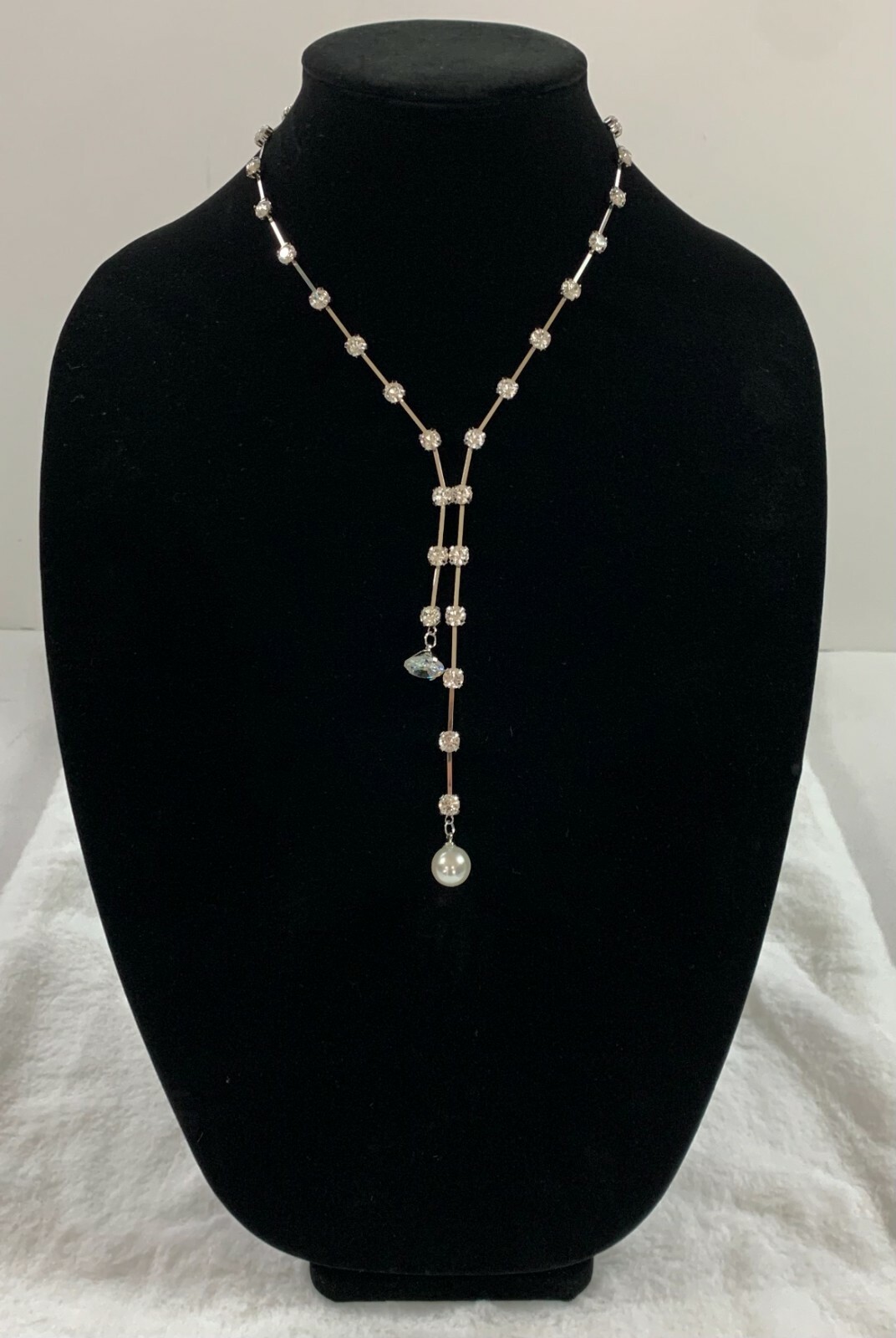 Women’s Long Necklace Lariat Floral Faux Gem Pendant Silver Color