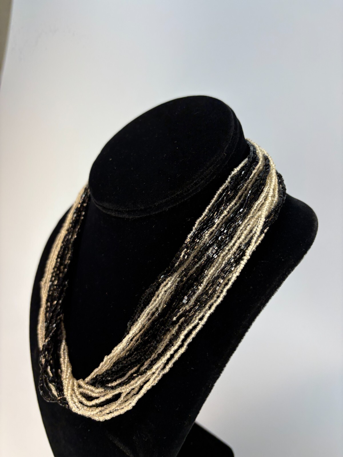 Necklace Black and White Statement Piece 16 in Dramatic Glass Seed Bead