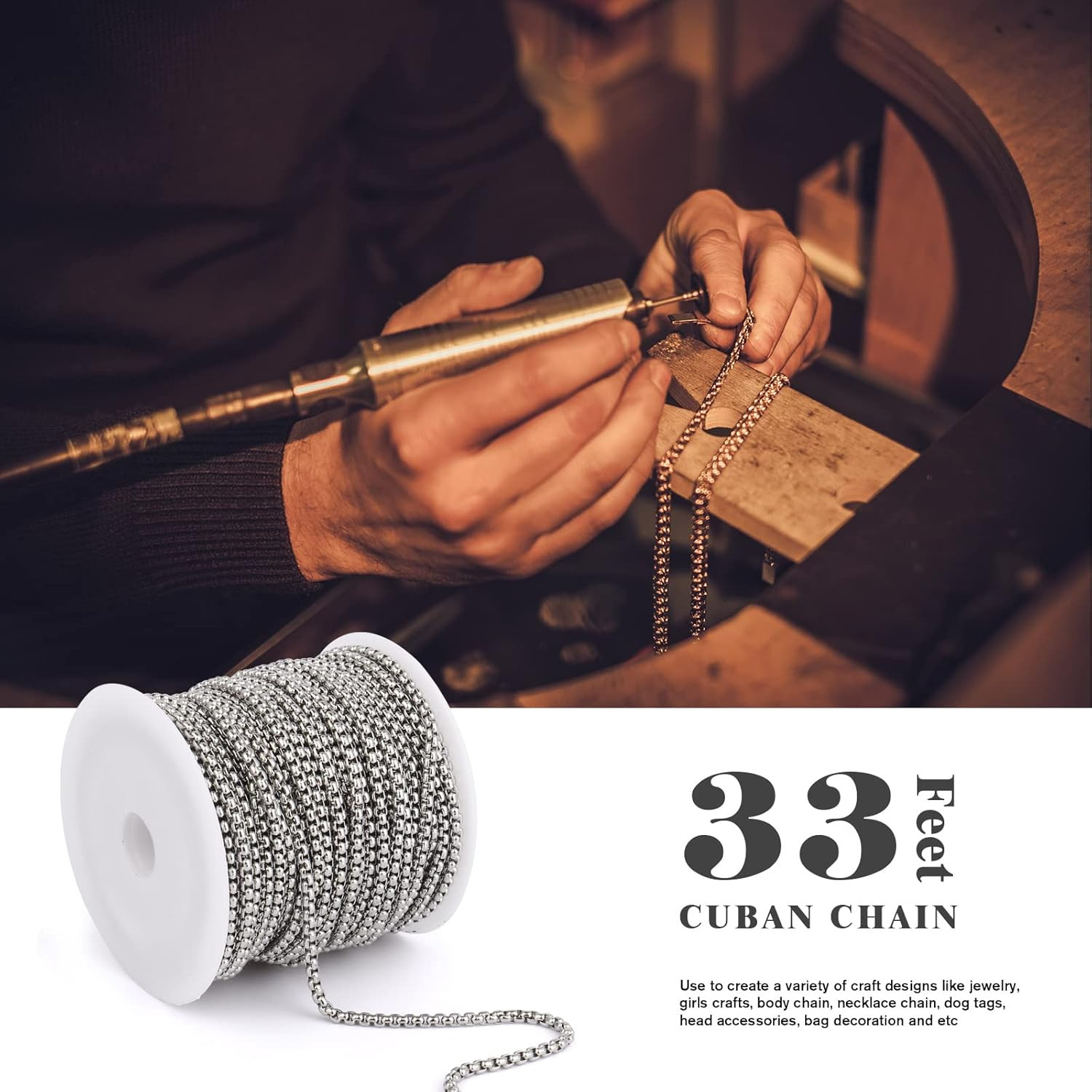 33 Feet Stainless Steel Rolo Box Chain, 3mm Wide 304 Stainless Steel Round Rolo