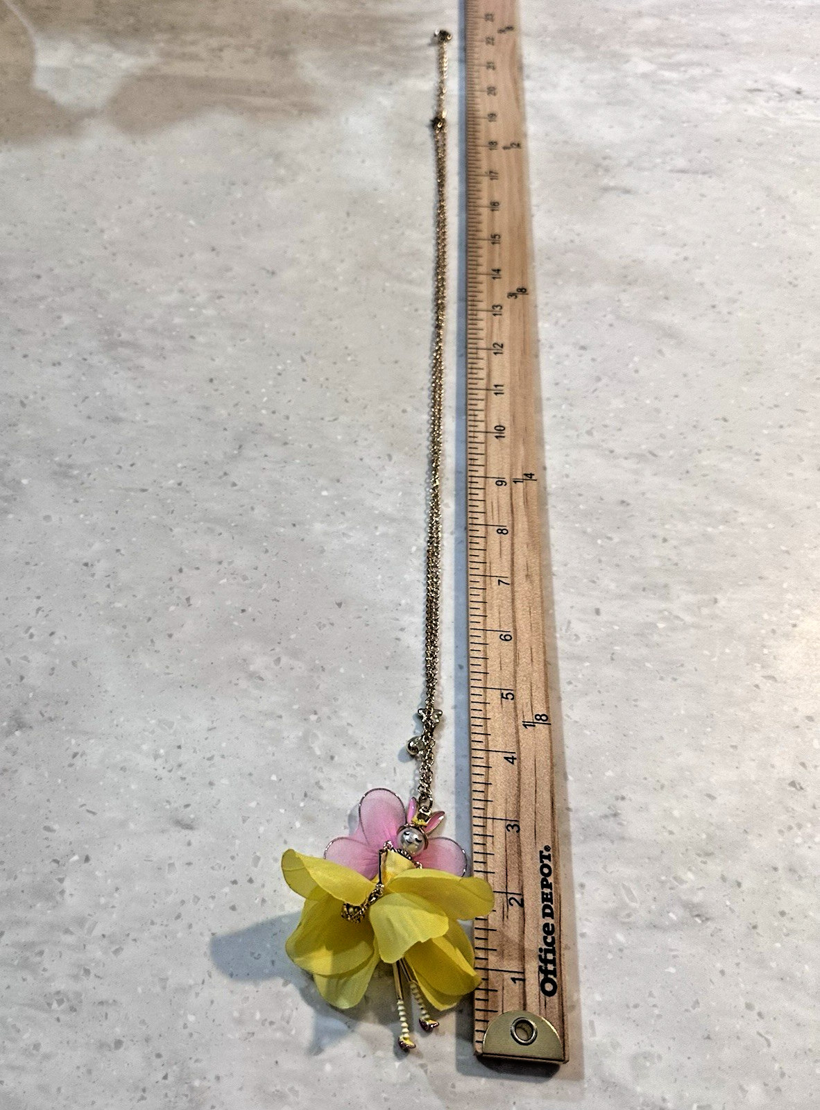 Betsey Johnson Fairy Bunny Necklace Yellow Pink Wings Gold Tone Long Pendant