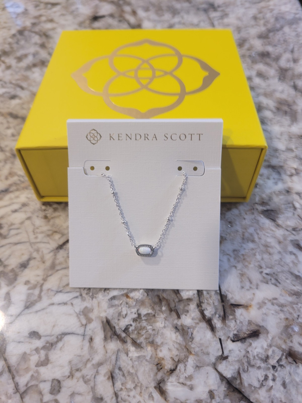 Kendra Scott Mini Elisa Pendant Necklace Silver White Kyocera Opal NWT Gift BOX