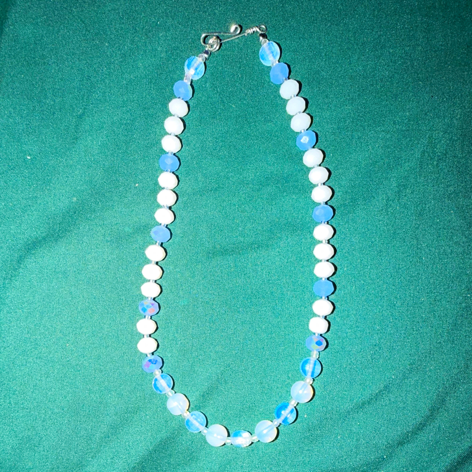 Morning Mist Blue & White Round Beaded Necklace, Handmade Lobster Clasp Closure