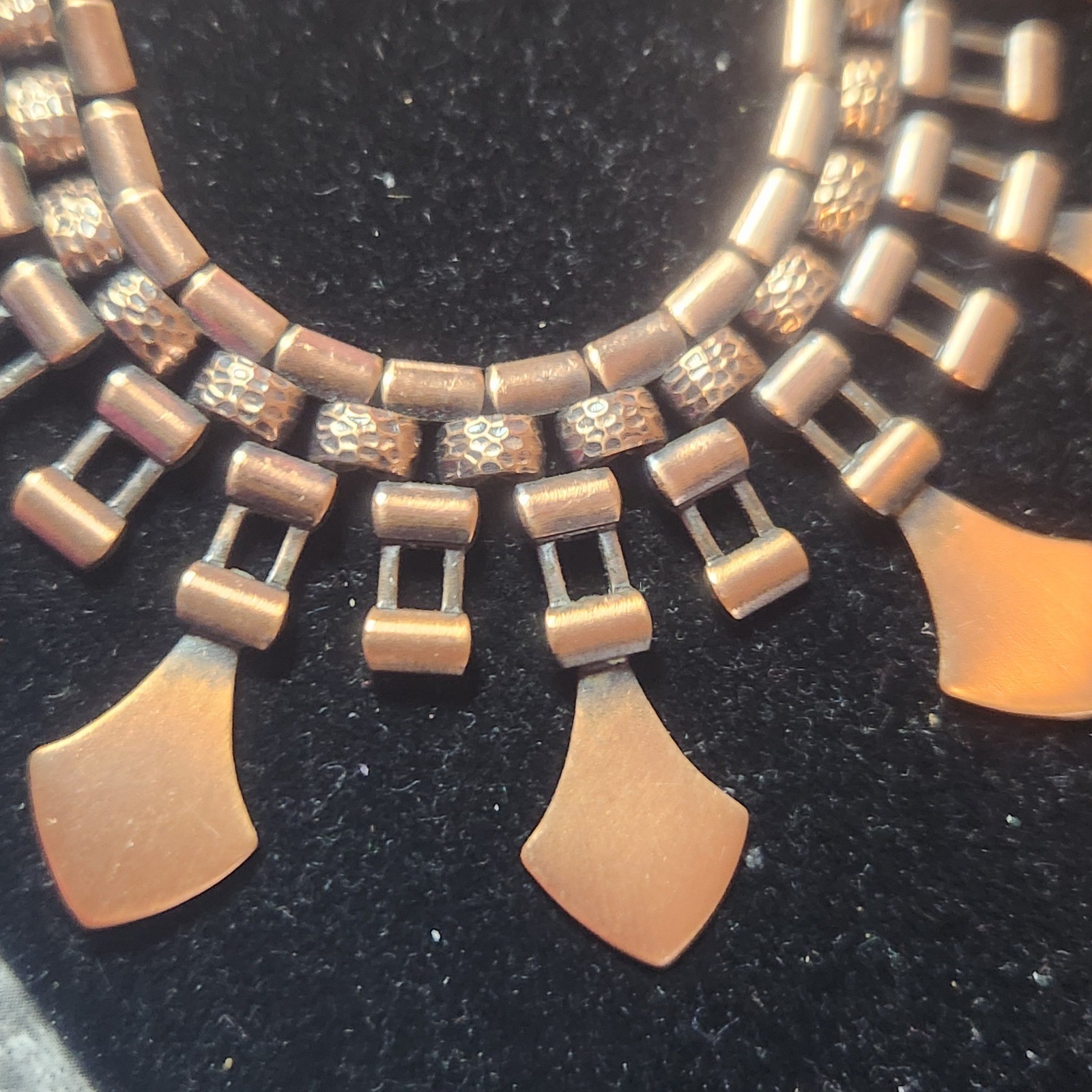 Vintage Copper Tone Geometric Fringe Collar Statement Necklace Hammered Links