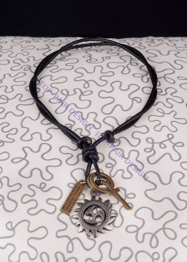 Adjustable Black Fire Sun Pendant Men’s Genuine Leather Cord Collar Necklace