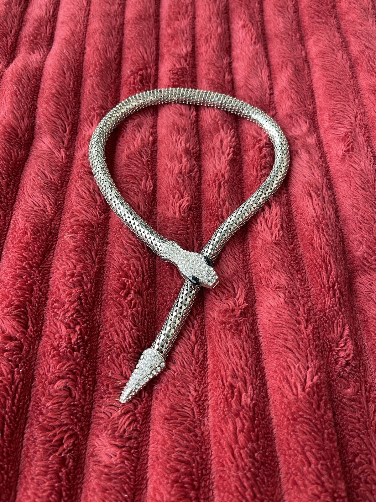 Silver Tone Snake Mesh Chain Necklace, Pavé Crystal Rhinestones, 21 in
