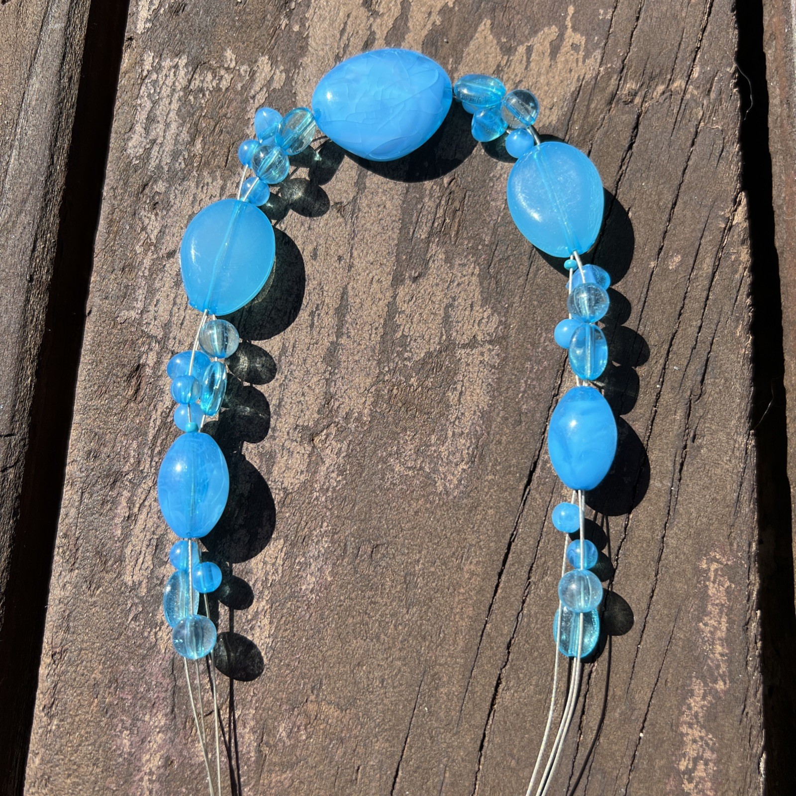 Three Metal Stranded Beaded Blues Plastic & Glass Beads Necklace
