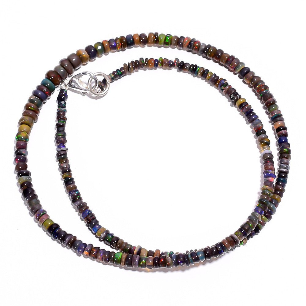 30.8 Ct. Natural Fire Black Ethiopian Opal Smooth Beads Necklace 16″ A-1890