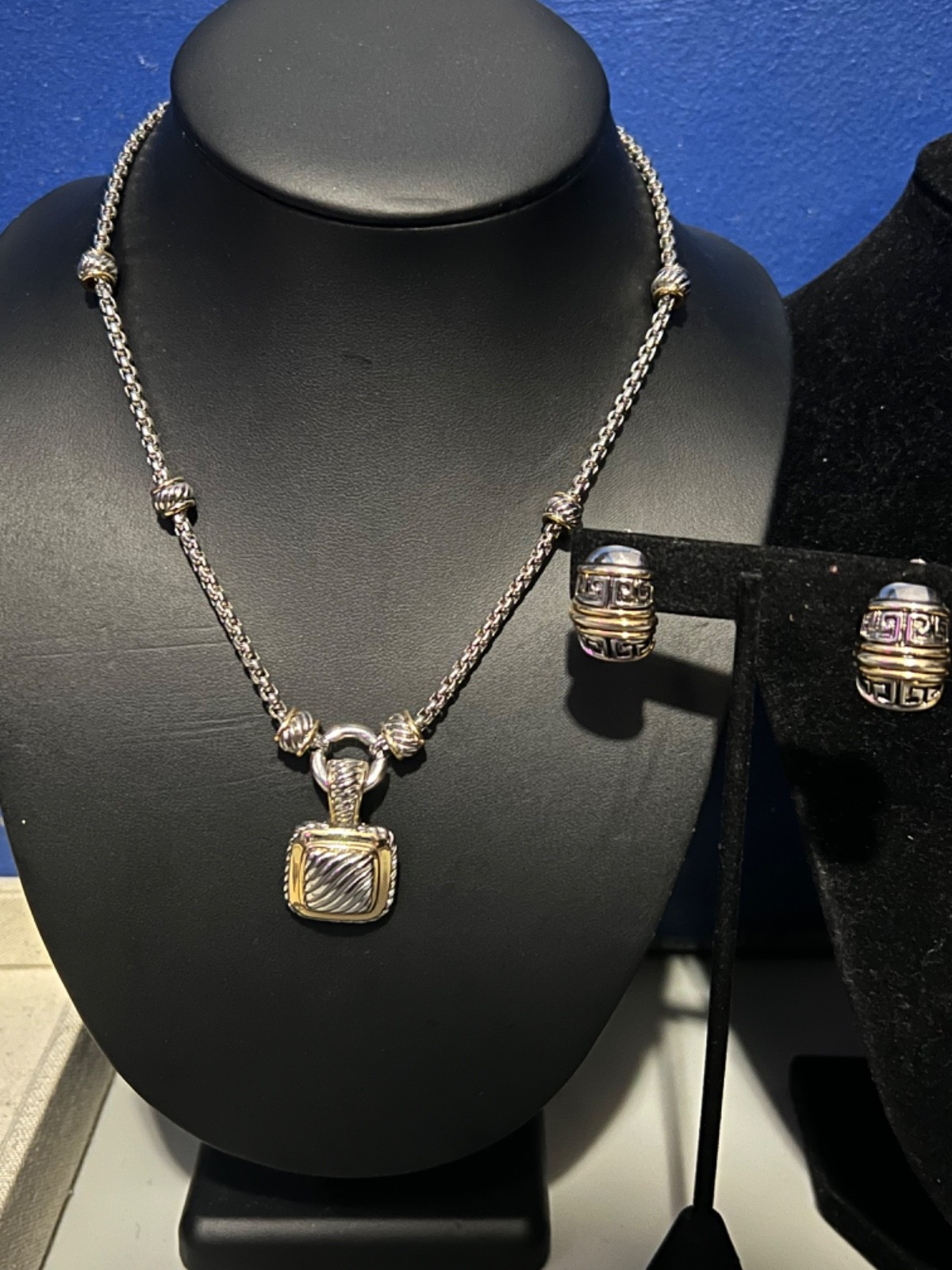 Silver and Gold-tone Chunky Square Pendant on Rolo Chain Necklace w/ Earrings