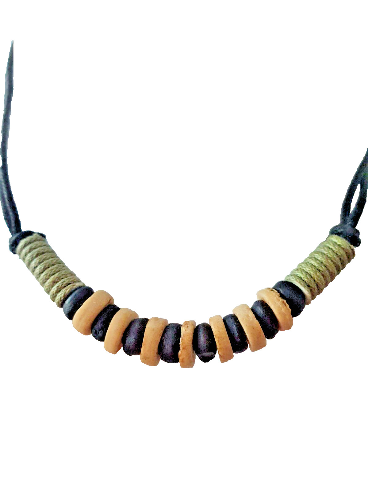 Cream Black Disc Beaded None Metal Green Black corded Surfer Trbal Necklace