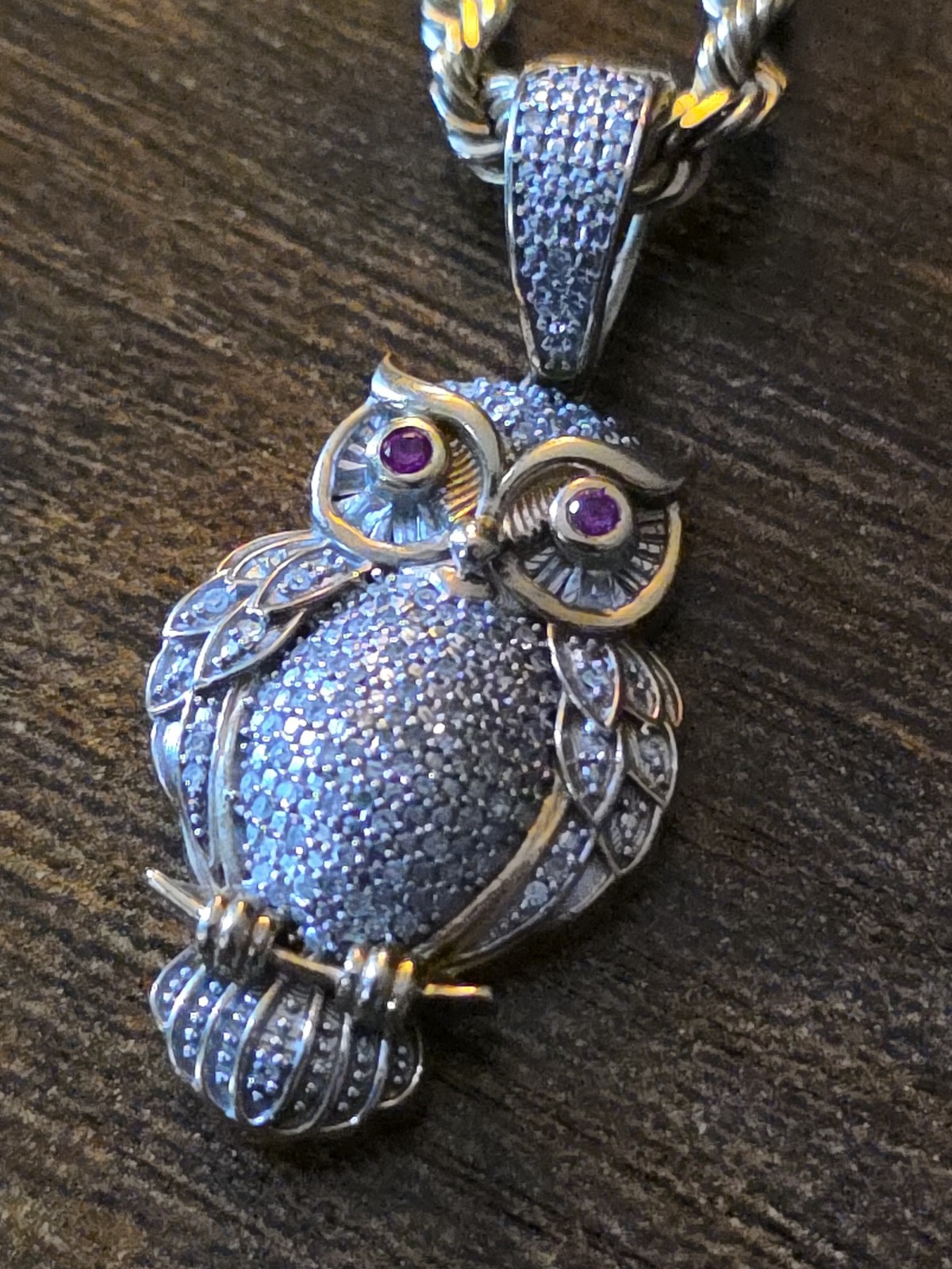 Solid 14k Gold Rope 22″ Lngth At 25g + 10k Gold Diamond Owl W/Ruby Eyes At 5g