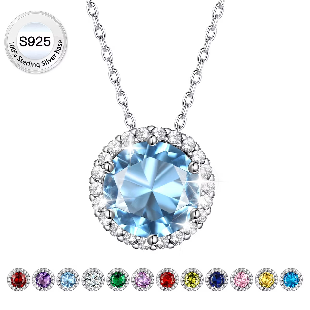 Birthstone Necklace for Women Pure 925 Sterling Silver Necklaces March round Blu