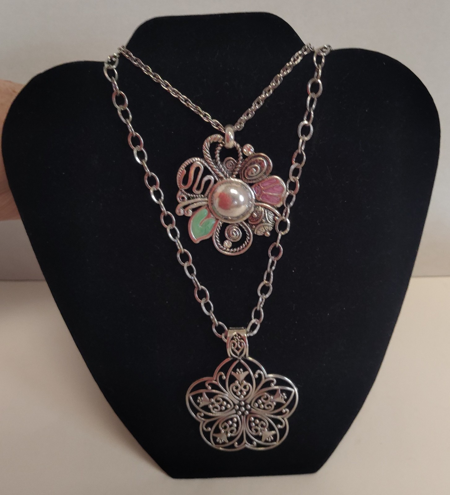Large Floral Pendants on 24 Inch Silver Tone Necklaces Lot of 2