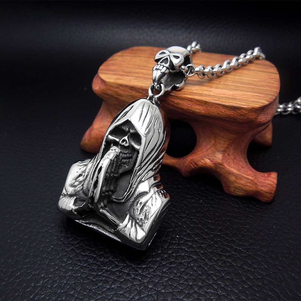 Stainless Steel Grim Reaper Skull Pendant Gothic Biker Silver Necklace Charm