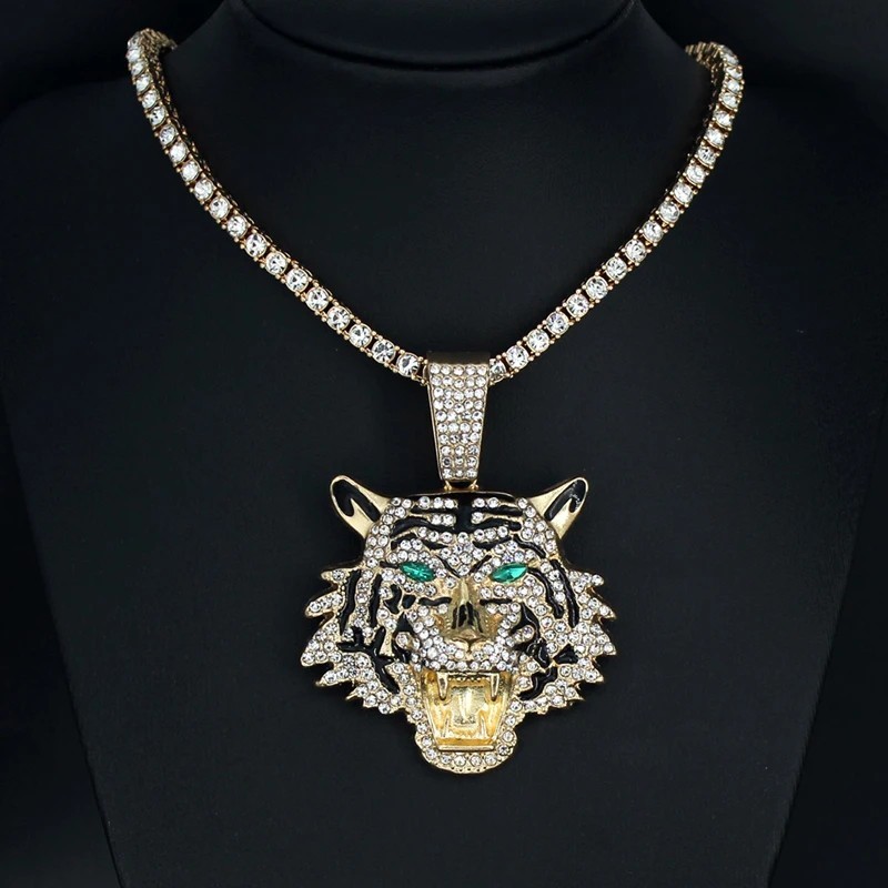 Hip Hop Iced CZ Tiger Pendant Necklace Crystal Cuban Chain Fashion Charm Jewelry