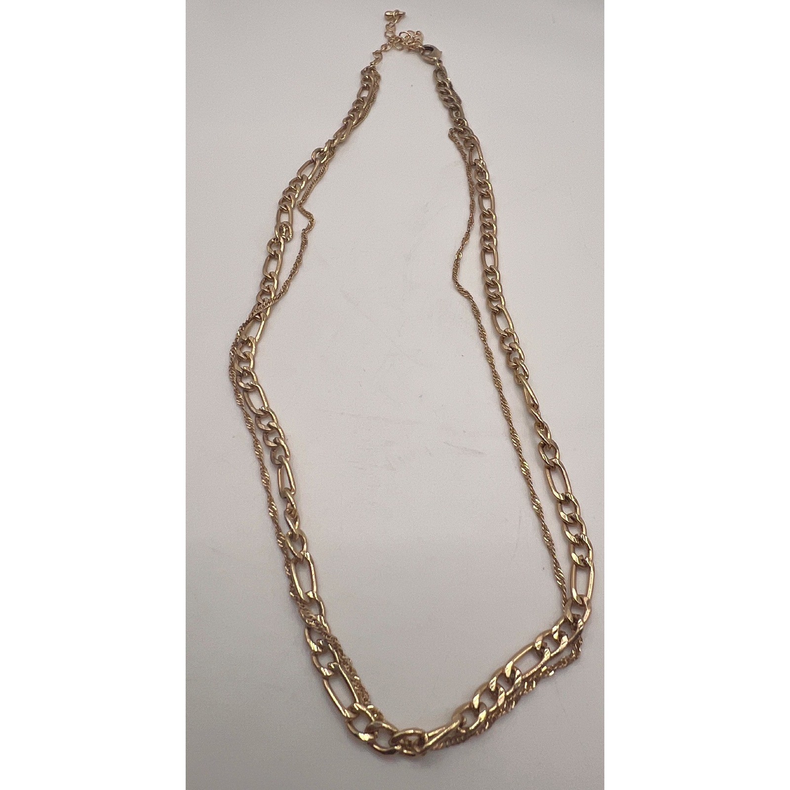 Gold Tone Double Chain Layered Necklace Figaro & Rope 17-20″ Minimalist
