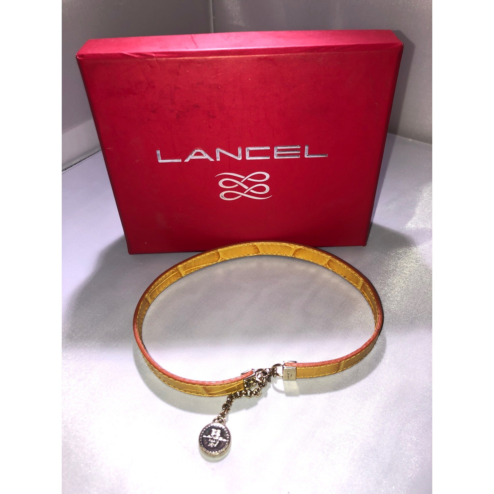 Lancel Paris Yellow Croc Embossed Leather Choker Necklace Gold Logo Charm Box