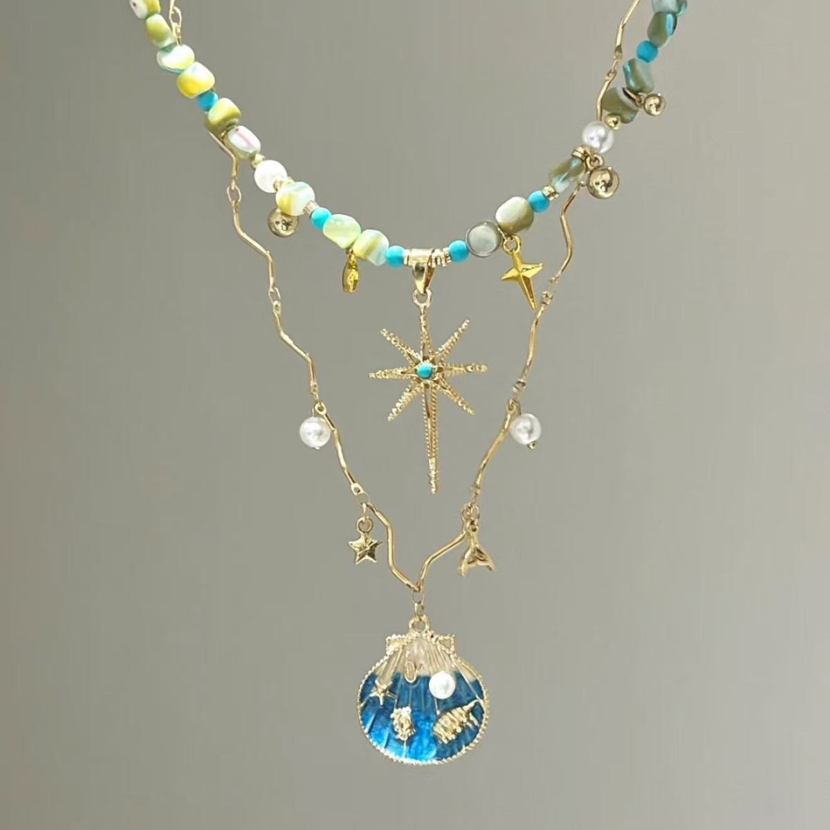 Blue and Gold Star Beaded Necklace 3-Piece Set