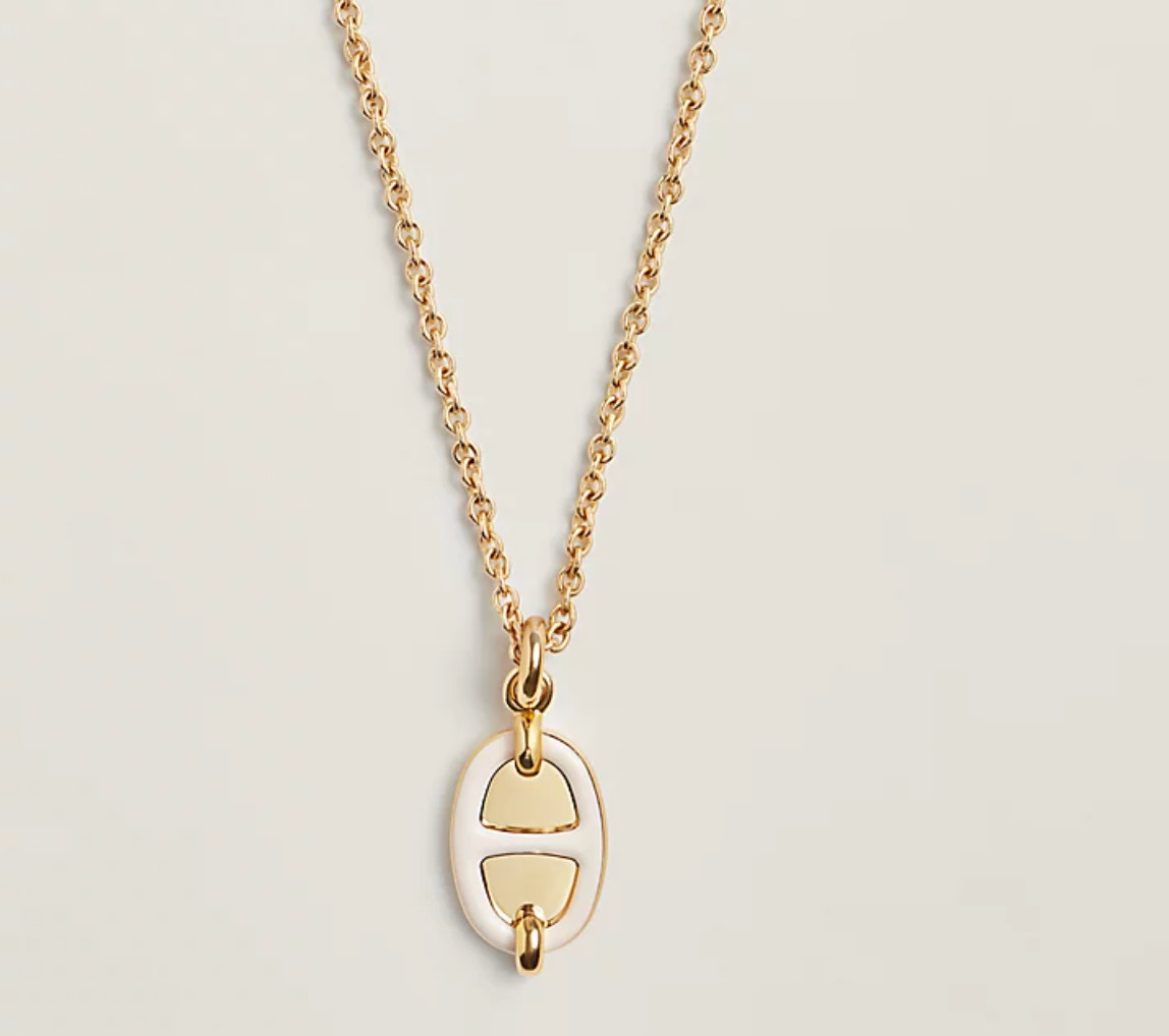 Hermes Mini Maillon Pendant Enamel Yellow Gold Plated Necklace