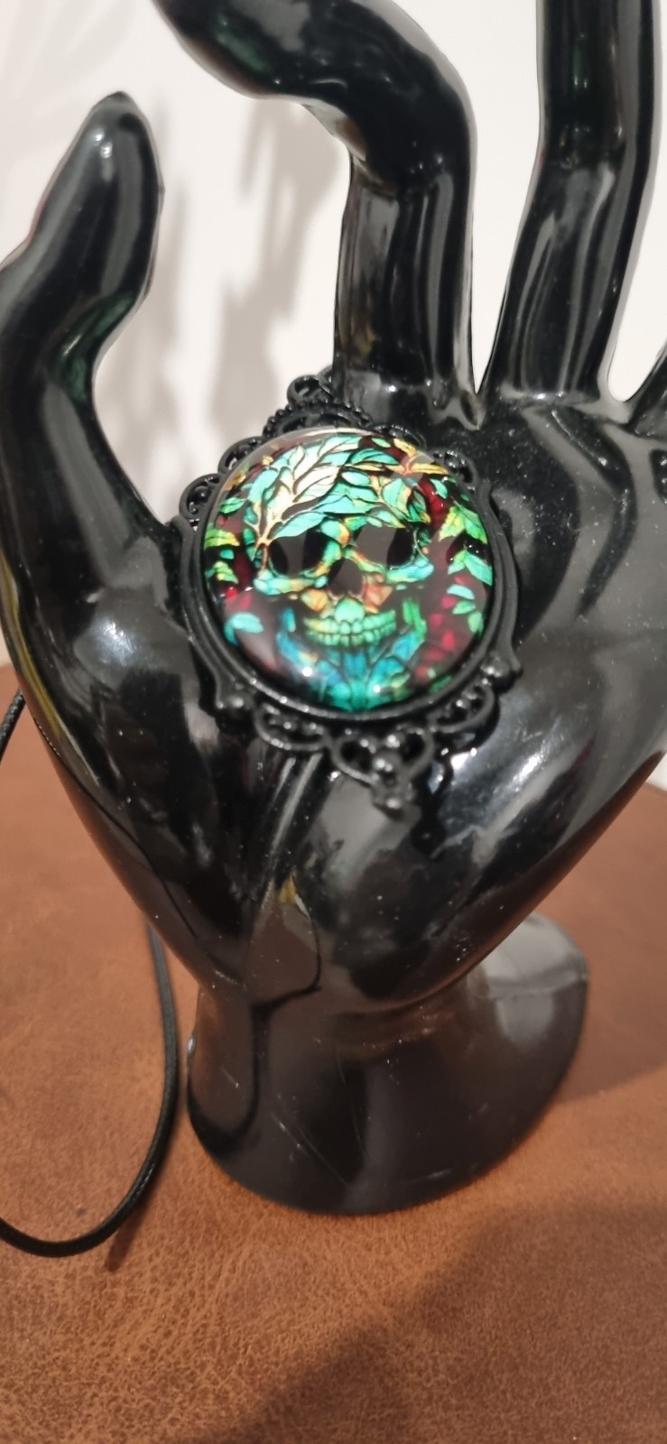 Black Necklace Oval Glass Skull Floral Pendant Green Iridescent Multi-Colour
