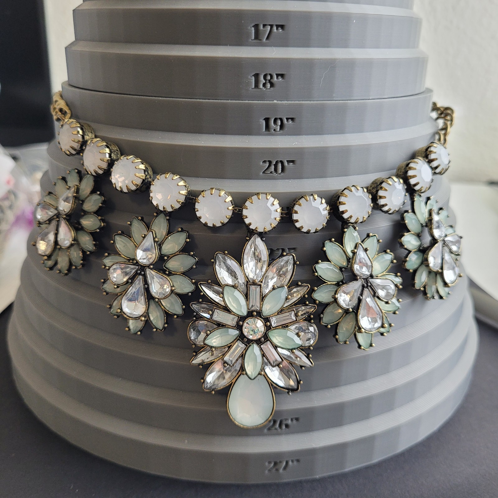 Acrylic Rhinestone Statement Necklace Light Green and Smoky Clear Floral 19″