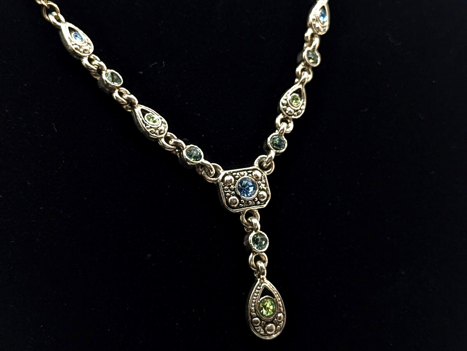 Vtg Trifari Blue Green Rhinestones Art Deco Silver Tone Y Drop Lariat Necklace
