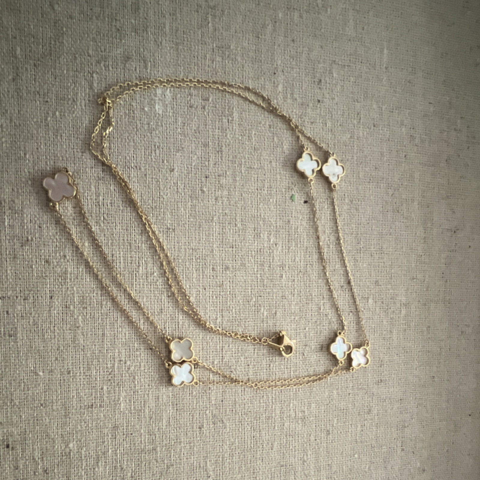 Stamped EHC925 gold plated long sterling mother of pearl flower necklace 29”
