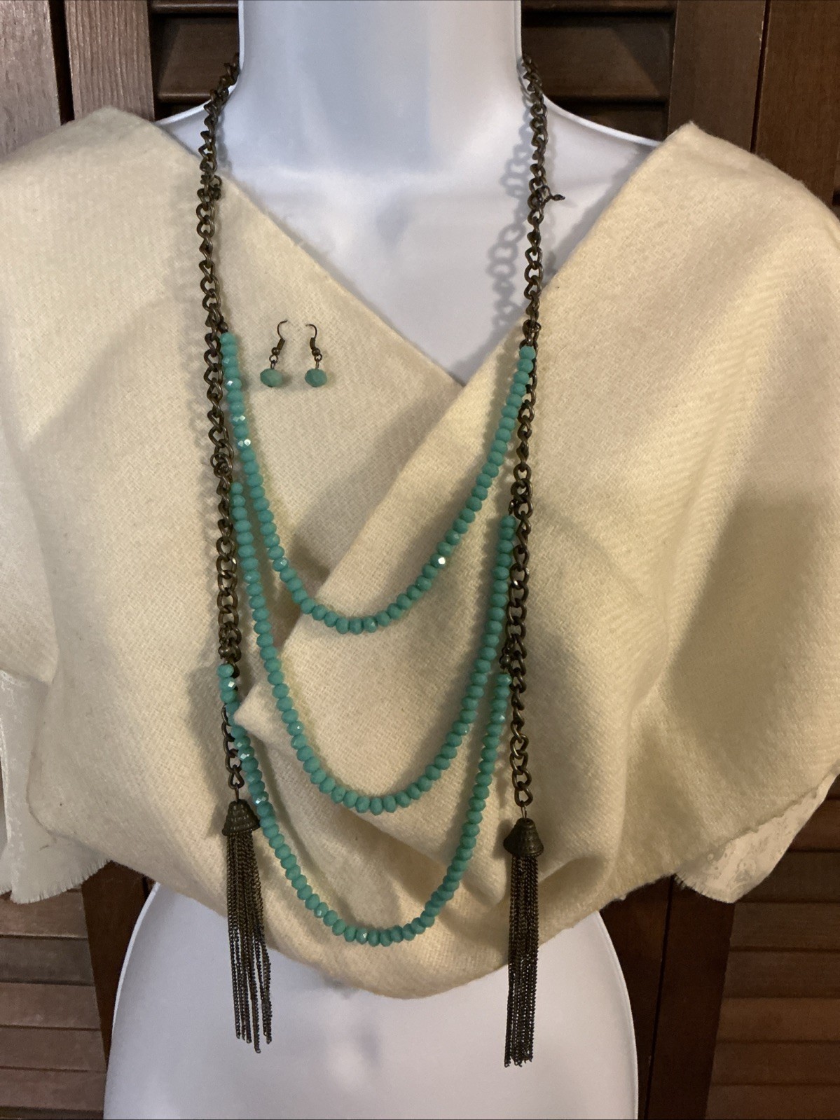 Multi-Tier Turquoise-Colored Faceted Bead and Chain Necklace and Bead Earrings