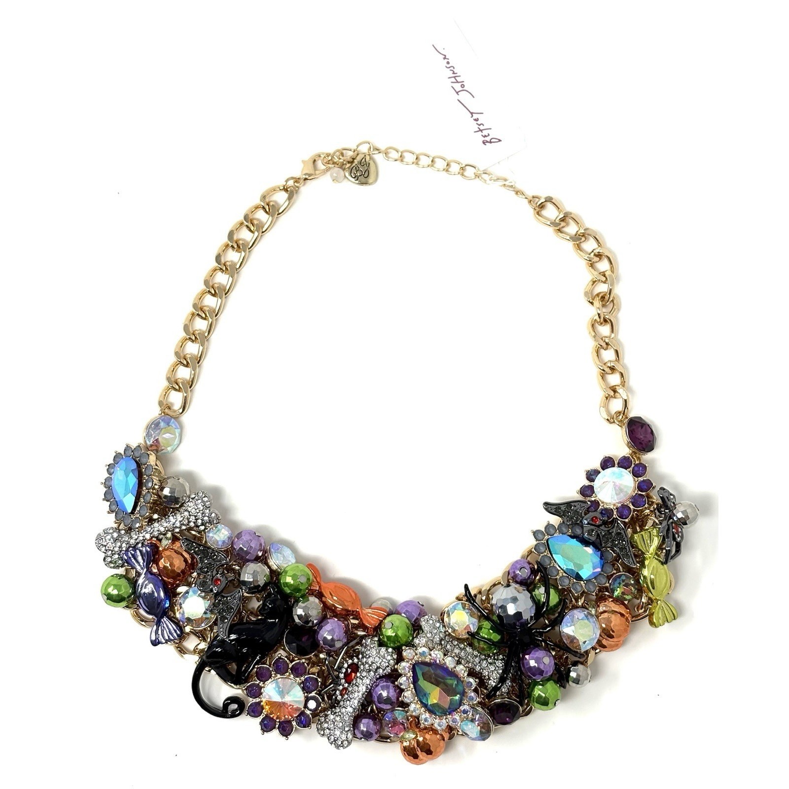 Betsey Johnson Halloween Statement Necklace Black Cat Spider Bat Candy Bones Bib