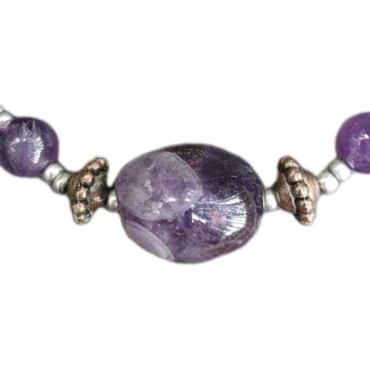 Purple Round Amethyst Beaded Necklace Silver Tone Hook Closure