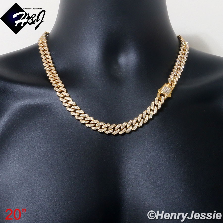 16″-40″MEN Stainless Steel Full CZ 10/12mm Gold Plated Miami Curb Necklace*GN171