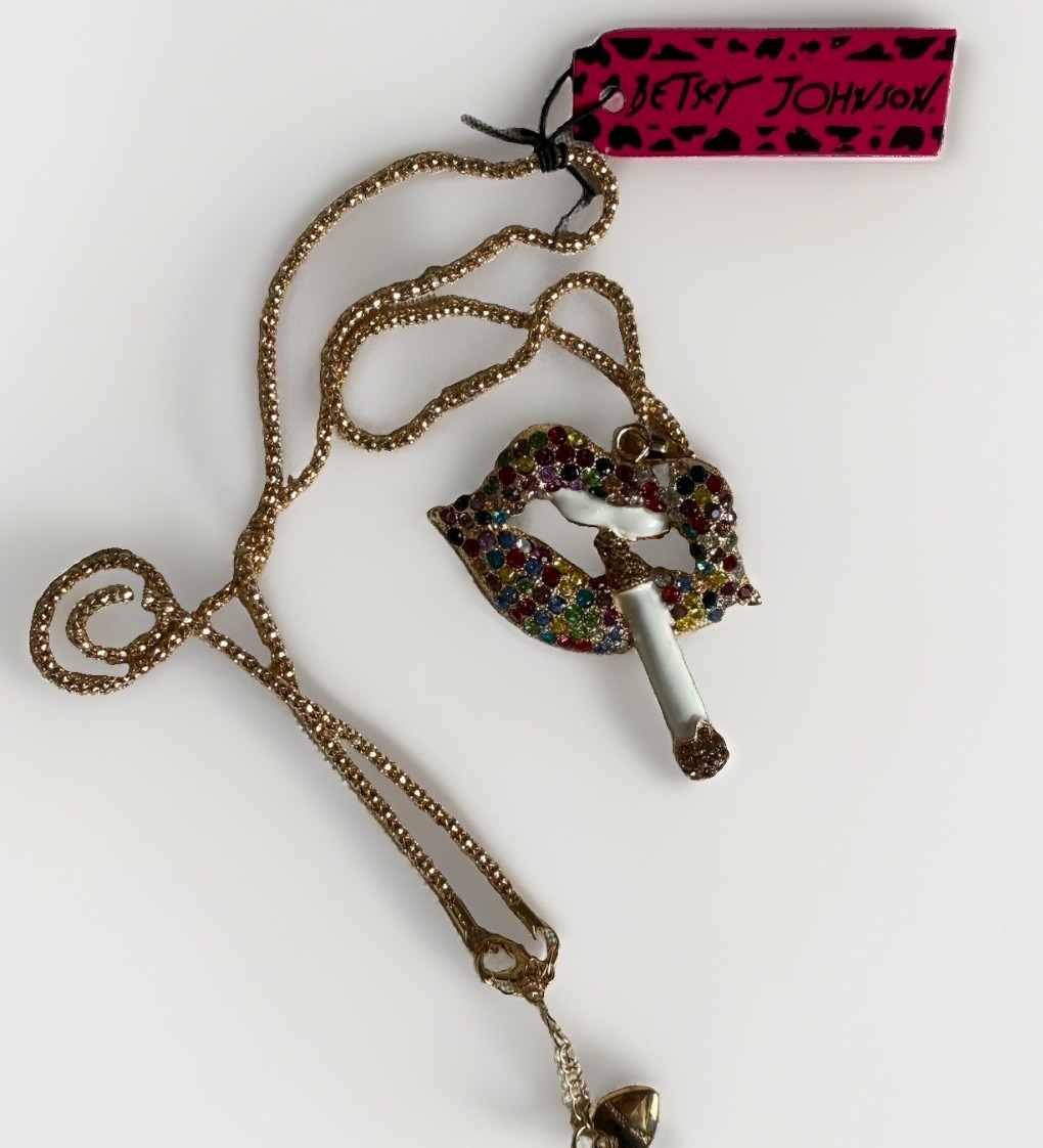 Betsey Johnson Multicolor Rhinestone Lips Cigarette Necklace