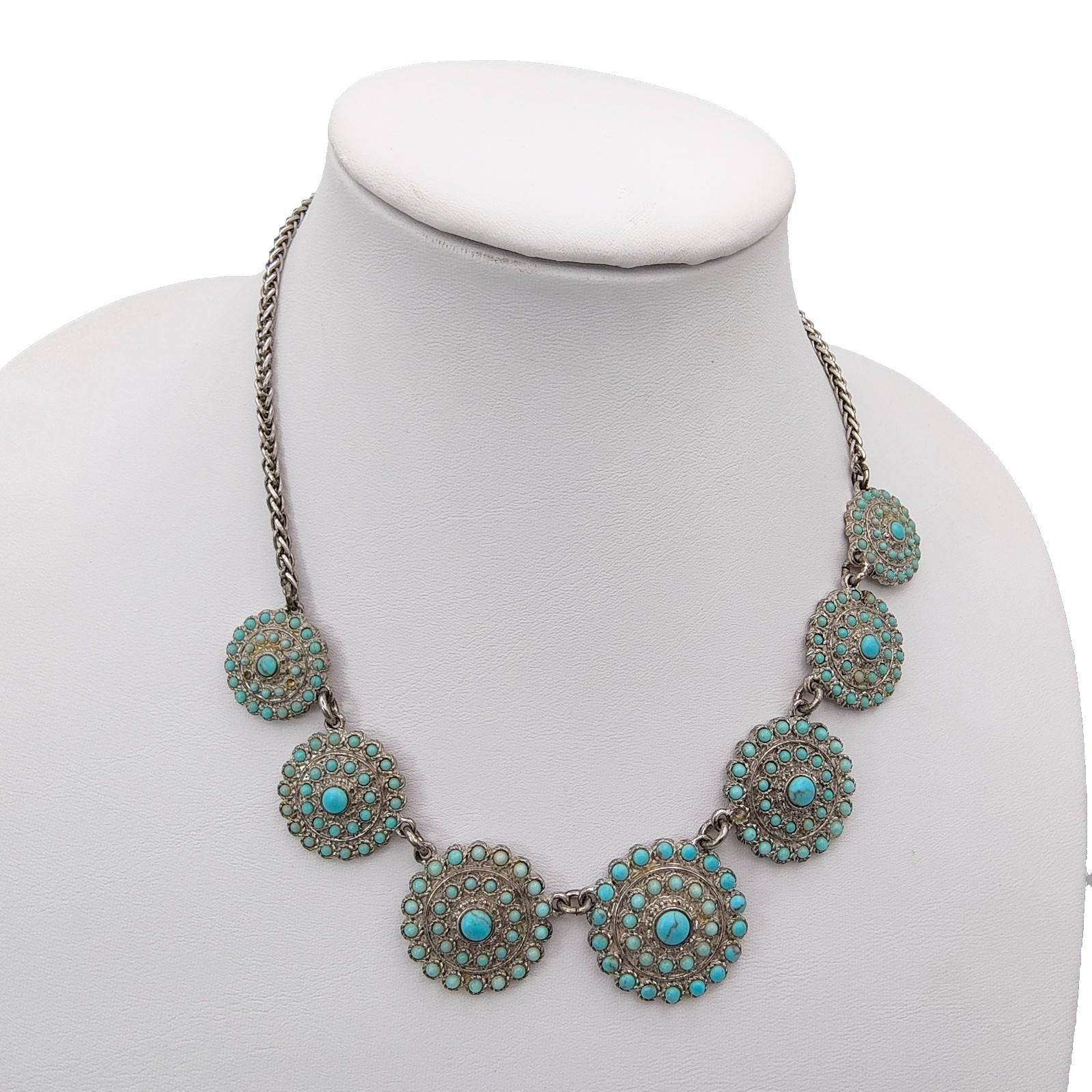 Lucky Brand Concho Western Statement Necklace Silver Tone Faux Turquoise READ